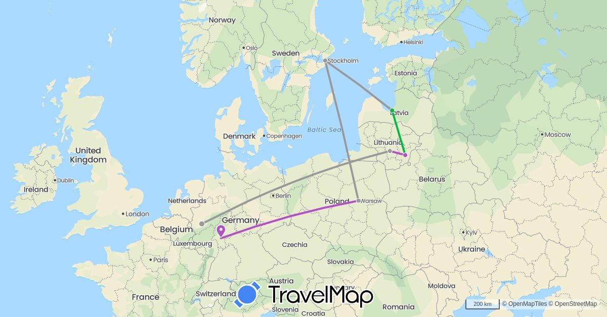 TravelMap itinerary: driving, bus, plane, train in Germany, Lithuania, Latvia, Poland, Sweden (Europe)